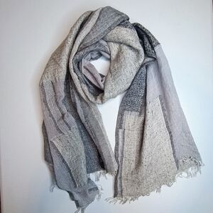 Club Monaco Gray Wool Viscose Gauze Textured Patchwork Large  Scarf Shawl 23x76"